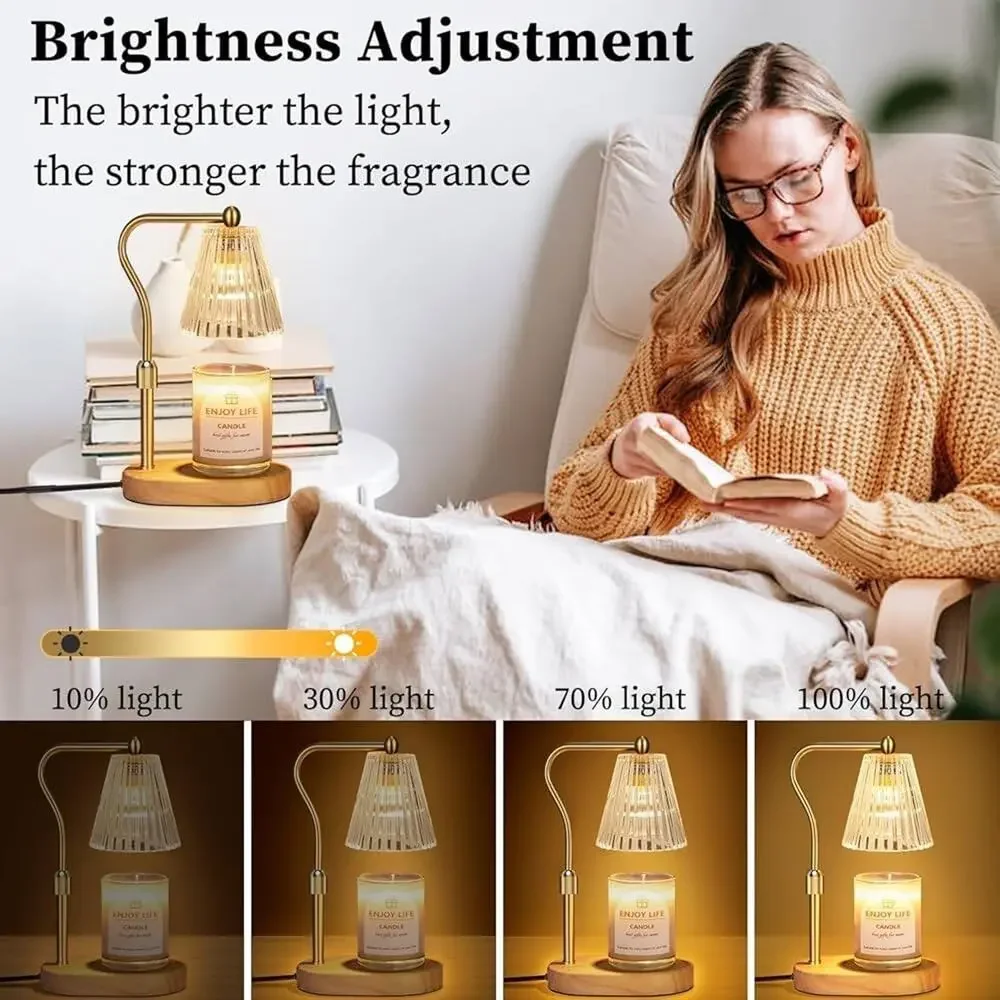 NEW Boxed White Glass Shade Gold Metal Arm Wood Stand Scented Candle Warmer Lamp